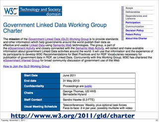 http://www.w3.org/2011/gld/charter
Tuesday, November 1, 2011                      23
 