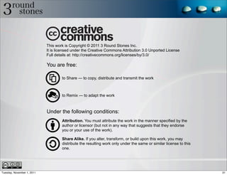 This work is Copyright © 2011 3 Round Stones Inc.
                            It is licensed under the Creative Commons Attribution 3.0 Unported License
                            Full details at: http://creativecommons.org/licenses/by/3.0/

                            You are free:

                                    to Share — to copy, distribute and transmit the work



                                    to Remix — to adapt the work



                            Under the following conditions:
                                    Attribution. You must attribute the work in the manner specified by the
                                    author or licensor (but not in any way that suggests that they endorse
                                    you or your use of the work).

                                    Share Alike. If you alter, transform, or build upon this work, you may
                                    distribute the resulting work only under the same or similar license to this
                                    one.




Tuesday, November 1, 2011                                                                                          31
 