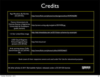 Credits
               Riga Marathon, By Nordea
                     (CC-BY-NC)              http://www.ﬂickr.com/photos/nordearigamarathon/4549346580/


                Centro Universitario de
             Ciencias Exactas e Ingenierías,
                                             http://proton.ucting.udg.mx/galeria/3D/WEB.jpg
              Universidad de Guadalajara
                    (public domain)

                                             http://lab.linkeddata.deri.ie/2010/star-scheme-by-example/
               1-5 Star Linked Data image


                 LOD Cloud Diagrams
                 Richard Cyganiak, Anja      http://lod-cloud.net/
                 Jentzsch, (CC-BY-SA)

              Arab uprising photo, Collin
             David Anderson (CC-BY-NC- http://www.ﬂickr.com/photos/collina/5459554667/
                         SA)


                            Book covers © their respective owners and used under Fair Use for educational purposes



            All other photos © 2011 Bernadette Hyland, released under a CC-BY-SA license



Tuesday, November 1, 2011                                                                                            32
 