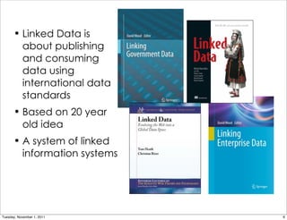• Linked Data is
           about publishing
           and consuming
           data using
           international data
           standards
       • Based on 20 year
           old idea
       • A system of linked
           information systems




Tuesday, November 1, 2011        6
 
