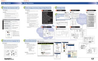 PHASE              1                                                                                      PHASE               2
Design Analysis                                                                                           Design Solutions


     TSDesign User Experience Audit                                                          SM
                                                                                                            Product Strategy and Product Design Strategy Blueprint*                                                                       Technology Audit
     description:
         •     an expert design analysis from the user’s perspective
                                                                                                            description:
                                                                                                                 •    define ‘what the product should be’ and ‘how it
                                                                                                                                                                                        1      understand                                 2       investigate                                                  3      define users                                     4      qualify features
                                                                                                                      should work’
     benefits:                                                                                                                                                                              corporate mission                                                                         persona                      user profiles                                           user, feature, objective matrix
         •     benchmarks the effectiveness of your site based upon stated                                  benefits:                                                                       core competencies
                                                                                                                 •    the achievement of clearly articulated, agreed-                                                                                                                                                   user profiles
               business objectives for the site and your users                                                                                                                              corporate goals
         •     analyzes the design of the site to find out if the benefits of use
                                                                                                                      upon and aligned mission, core competencies,
                                                                                                                                                                                            culture and values                            User Personae &
                                                                                                                      corporate goals, and objectives for the site
               are actually being delivered
                                                                                                                                                                                                                                          Proﬁling Module                                                                                               speculate &




                                                                                                                                                                                                                                                                                                + interviews
                                                                                                                                                                                                                                                                             SM
                                                                                                                                                                                            skills and methodologies
                                                                                                                 •    the articulation and understanding of your users,
         •     recommends methods for substantially improving your users
               experiences and meeting future business objectives
                                                                                                                      their needs and and your business objectives for
                                                                                                                                                                                            knowledge capital and experience              (UP&P)                                                                                                         innovate
                                                                                                                                                                                            people, processes & technology
                                                                                                                      establishing and extending relationships
                                                                                                                      with each one                                                         stakeholders and initiatives
                                                                                                                                                                                                                                                                                                                   Intentional User Experience table         •
                        TSDesign Analysis FrameworkSM
                                                                                                                 •    the definition of the organizational resources                        enterprise-wide challenges                        competitive and comparative analysis                                                                experience brief:
 1           Delivery of User Benefits            The intended value the organization
                                                                                                                      required to build and maintain the site                               Internet objectives                                                                                                                                      strategy story
                                                                                                                                                                                                                                                                                                                                                  and positioning
                                                  delivers to users and customers through its site.
                                                                                                                 •    the creation of a detailed blueprint for design or                    customers and users
                                                                                                                      redesign:
                                                  The sequence of questions, prompts, and results                          -    site organization (footprint)                               competitive landscape
 2           Transaction Flow                     that make up a task.                                                     -    useful and usable features and functions
                                                                                                                                for the users                                            * workbooks not shown
                                                  The degree to which a site affords the user to easily                    -    descriptions of intended functionality                                                     scope or
 3           Navigation & Hierarchy               navigate the environment and efficiently locate rele-
                                                                                                                           -    messaging strategy                                                                         rescope
                                                                                                                                                                                                                           relationship
                                                                                                                                                                                        5                                                                                                                      7
                                                  vant content.


                                                  The representation and support of the identity,
                                                                                                                 •    the receipt of a phased implementation plan with
                                                                                                                      associated costs                                                         innovate                                   6       refine                                                               describe
 4           Visual Language                      brand and information architecture through
                                                  visual elements and overall style.
                                                                                                                                                                                               new ideas                                      new footprint and reclustered content                                Product Strategy Blueprint/Functional Description
                                                                                                                                                                        existing
                                                  Audit comments:                                                                                                      and new
                                                  • Users arriving at the front page of the
                                                    site may not understand what information
                                                    is there for them.
                                                                                                                                                                     technology
                                                  • The names of the sections do not give
                                                    users a path to follow to find the informa-
                                                    tion they need.
                                                  • No specific path has been established for
                                                    each user type. Users must use their best
                                                    judgement to find the information they’re
                                                    looking for and often may not be successful.




     Identity and Visual Language Audit                                                                     Visual Identity Systems                                     visual language research



 description:                                                                                               description:
     •       By collecting and reviewing print, other tangible artifacts and                                 •       establish, with the client, a shared
             Web sites your company creates and disseminates, and                                                    understanding and common language for
             corporate standards (if they exist) we can then distill the basis                                       visual design and how it effectively
             for the visual language to be developed that is consistent with                                         communicates the brand
             the company's identity and product brands. This work is                                         •       define a visual language for the site
             continued in the Visual Systems Design phase.                                                                -    logo, logotype systems
                                                                                                                          -    typography
                                                                                                                          -    grid system
                                                                                                                          -    color palette
                                                                                                                          -    imagery style and usage

                                                                                                            beneﬁts:
                                                                                                             •       provides the visual language components
                                                                                                                     with which to build the interface




                                                                                                                                                                                                                                                                                                                                                                                             17
 