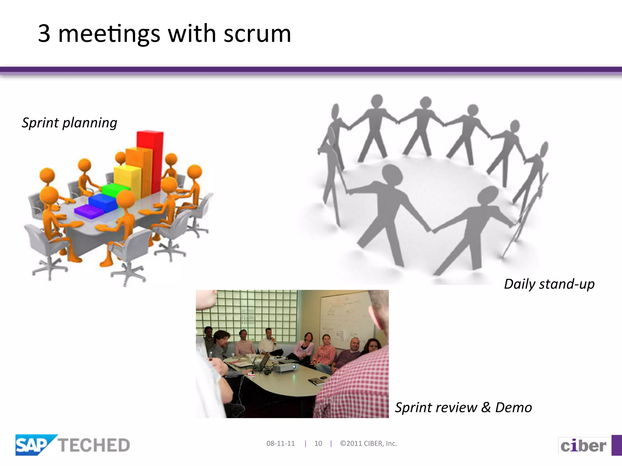 3	
  mee]ngs	
  with	
  scrum	
  


Sprint	
  planning	
  




                                                                                                                                                                   Daily	
  stand-­‐up	
  




                                                                                                                                          Sprint	
  review	
  &	
  Demo	
  

                               08-­‐11-­‐11	
  	
  	
  	
  	
  |	
  	
  	
  	
  10	
  	
  	
  	
  |	
  	
  	
  	
  ©2011	
  CIBER,	
  Inc.	
  
 