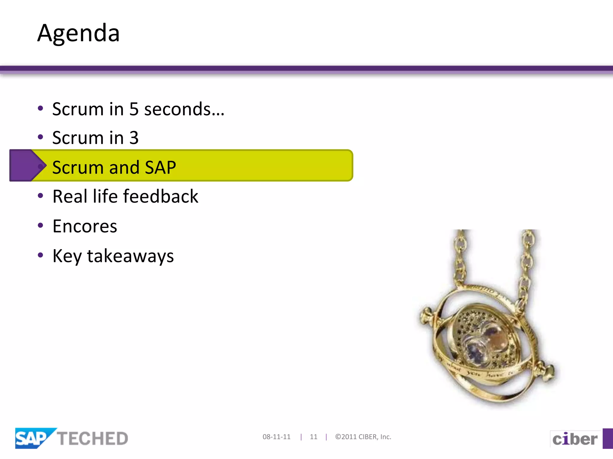 Agenda	
  

•  Scrum	
  in	
  5	
  seconds…	
  
•  Scrum	
  in	
  3	
  
•  Scrum	
  and	
  SAP	
  
•  Real	
  life	
  feedback	
  
•  Encores	
  
•  Key	
  takeaways	
  
	
  




                                      08-­‐11-­‐11	
  	
  	
  	
  	
  |	
  	
  	
  	
  11	
  	
  	
  	
  |	
  	
  	
  	
  ©2011	
  CIBER,	
  Inc.	
  
 