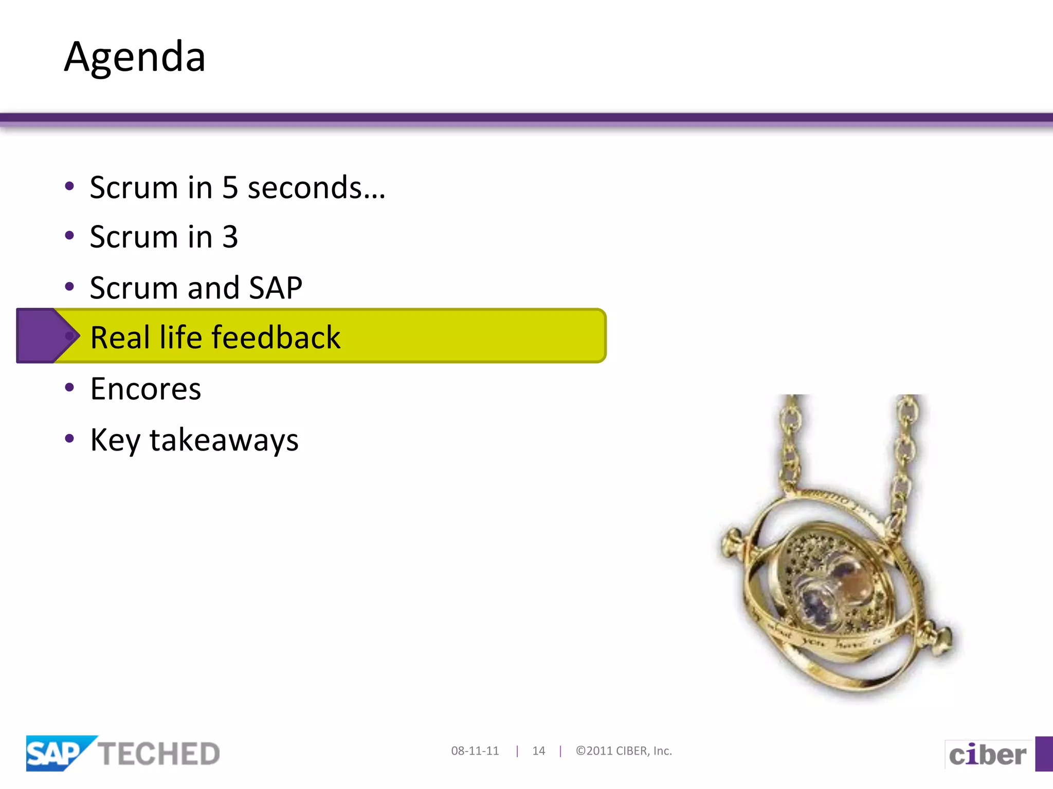 Agenda	
  

•  Scrum	
  in	
  5	
  seconds…	
  
•  Scrum	
  in	
  3	
  
•  Scrum	
  and	
  SAP	
  
•  Real	
  life	
  feedback	
  	
  
•  Encores	
  
•  Key	
  takeaways	
  




                                      08-­‐11-­‐11	
  	
  	
  	
  	
  |	
  	
  	
  	
  14	
  	
  	
  	
  |	
  	
  	
  	
  ©2011	
  CIBER,	
  Inc.	
  
 