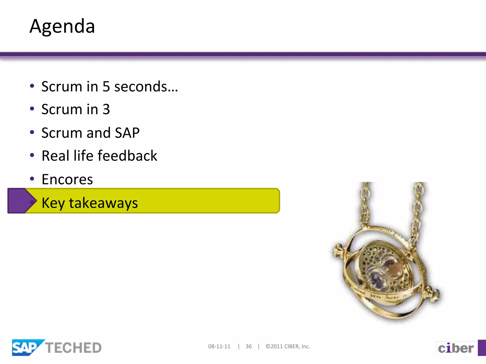 Agenda	
  

•  Scrum	
  in	
  5	
  seconds…	
  
•  Scrum	
  in	
  3	
  
•  Scrum	
  and	
  SAP	
  
•  Real	
  life	
  feedback	
  	
  
•  Encores	
  
•  Key	
  takeaways	
  




                                      08-­‐11-­‐11	
  	
  	
  	
  	
  |	
  	
  	
  	
  36	
  	
  	
  	
  |	
  	
  	
  	
  ©2011	
  CIBER,	
  Inc.	
  
 