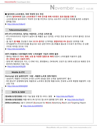 Trend Report 2011



                                                                            November                          Week 2 vol.44

                          ????-?????, ?? ??? ?? ??
                         - ??? ????? ?? ?????? ?? ??? ?? ???? ?? ??? ?? ?
                         - ?????? ????? '??? ??'? ???? ??? ???? ???? ??? ??? ????
                           ??? ??
                         ? http://dok.do/5LBpnO


                             Telecommunication
                         [KT] KT??????, ??? ??????? ??? ?
                         - KT??????? ???? ??? ? ??? ?? ???, ??? ?? ???? ??? ??? ???
                           ???
                         - ? 3?? ? ??, ???? ?? 12.1% ??? 1,178??, ????? 8% ??? 120?? ??
                         - OTS(??TV??????)? ???? ?? ????? ????? ??? ???? ???? ? ??
                           ??? ??? ??? ??
                         ? http://dok.do/eaNeRu

                         [SKT] SK??? 1?6??? ?? '?????' ??? 300? ??
                         - ??? ???? ??, ??, ?? ? ??? ???? ?? ??? ????? ???? ??.
                           20~30?? ?? ??? 80%
                         - ?? SPC ????? ??, CJ ONE ??, ?????, OK???, 11?? ? 108? ???? ??? ??
                           6??? ???? ?? ??
                         ? http://dok.do/HOEyZB


                                Mobile & ETC
                         [Samsung] ?? ????PC '??'?????? ?? ???
                         - ????, ??? ???? ??? ??? ??? ?? ??? '????PC' ??
                         - MS ???7 ???? ??. ???? ???? ??? ?????, ??? ??? ??? ???PC ??
                           ?? ??
                         ? http://dok.do/WWAQKM
? 2011 MezzoMedia Inc.




                                DATA & NEW

                         [?????????] ?? ?? ?? ?? ? ??? ??                        ? http://dok.do/PRpInK
                         [?????????] ??-????-??? ???? ??? ?? ??                                 ? http://dok.do/JPgt33
                         [MillennialMedia] 3?? S.M.A.R.T.(Scorecard for Mobile Advertising Reach and Targeting) Report
                                           ? http://dok.do/eWWMTd




                                                                        MezzoMedia, with your GOAL ! | http://www.mezzomedia.co.kr/
 