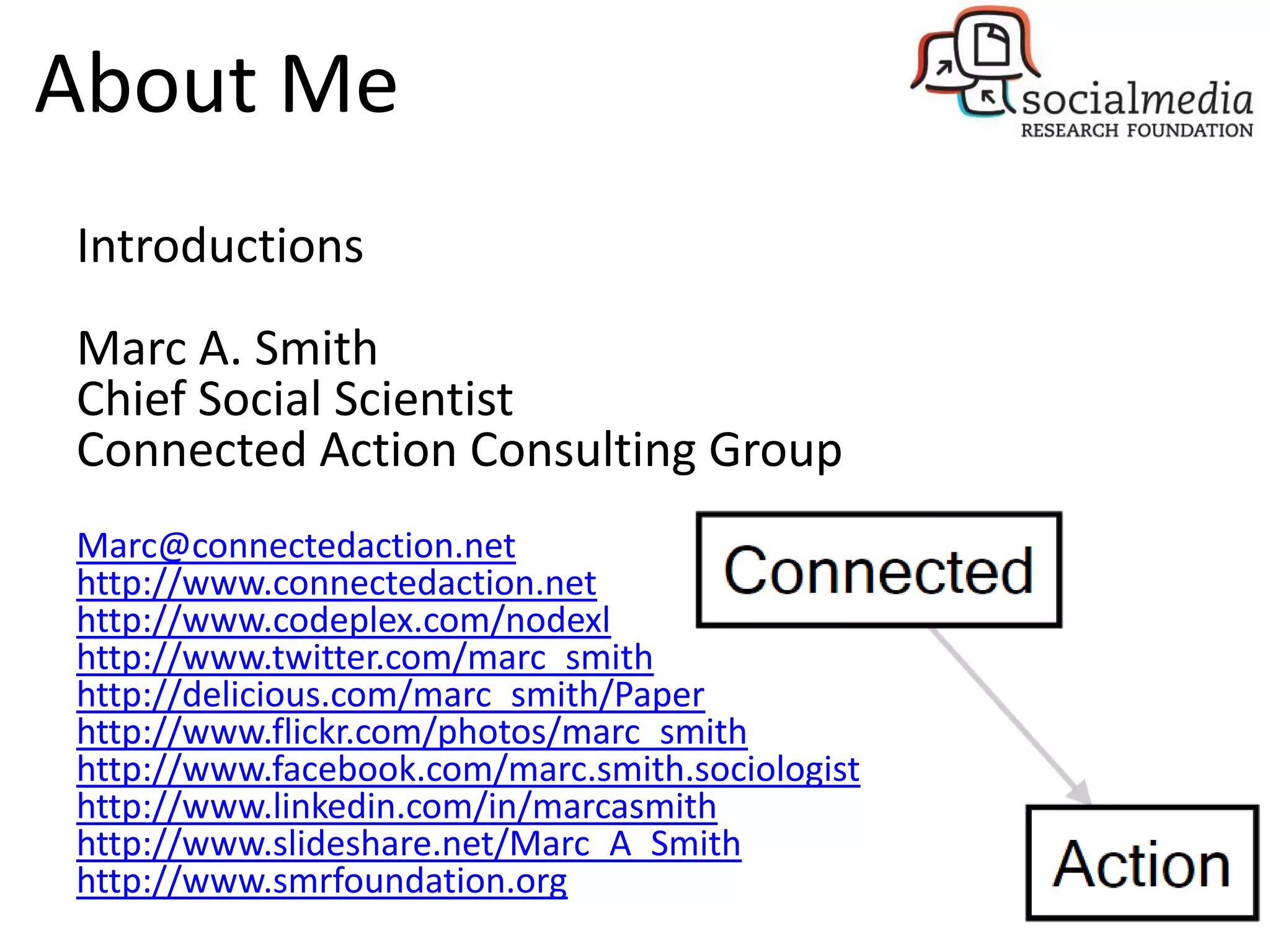 About Me
Introductions
Marc A. Smith
Chief Social Scientist
Connected Action Consulting Group
Marc@connectedaction.net
http://www.connectedaction.net
http://www.codeplex.com/nodexl
http://www.twitter.com/marc_smith
http://delicious.com/marc_smith/Paper
http://www.flickr.com/photos/marc_smith
http://www.facebook.com/marc.smith.sociologist
http://www.linkedin.com/in/marcasmith
http://www.slideshare.net/Marc_A_Smith
http://www.smrfoundation.org
 