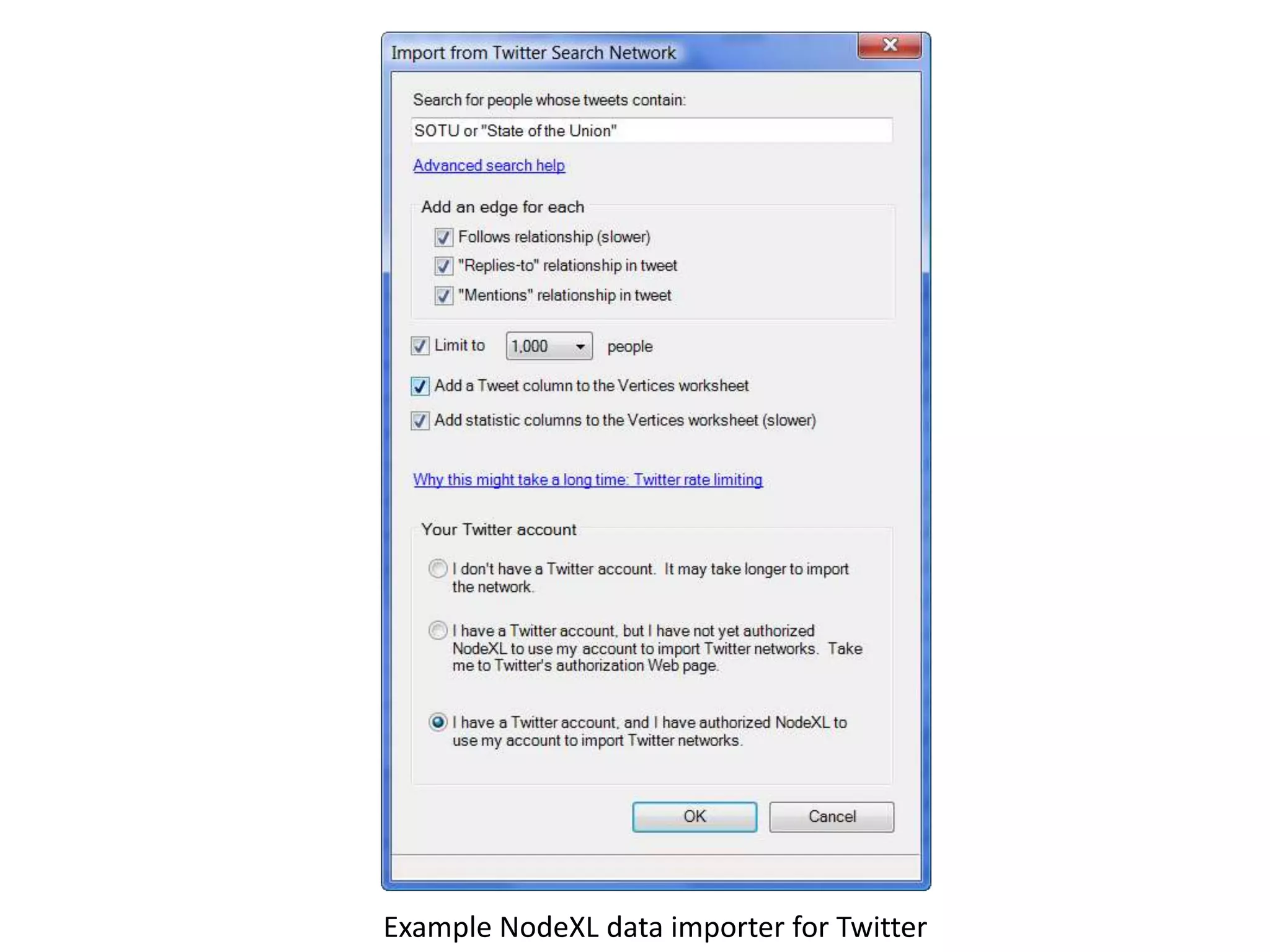 Example NodeXL data importer for Twitter
 
