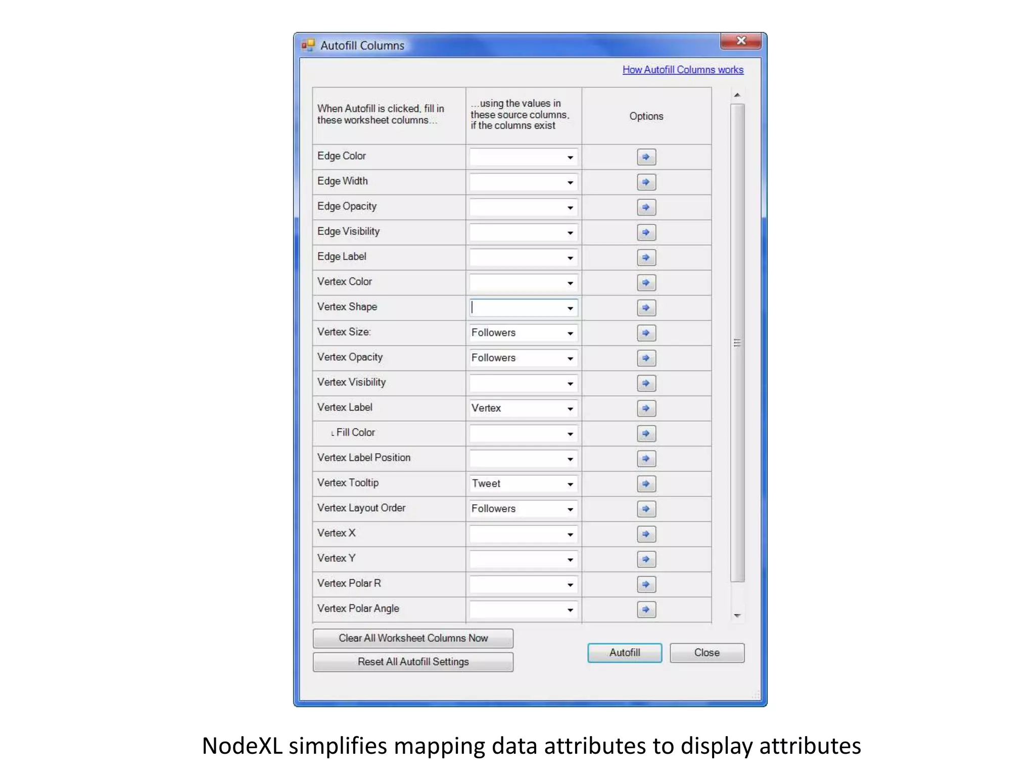 NodeXL simplifies mapping data attributes to display attributes
 