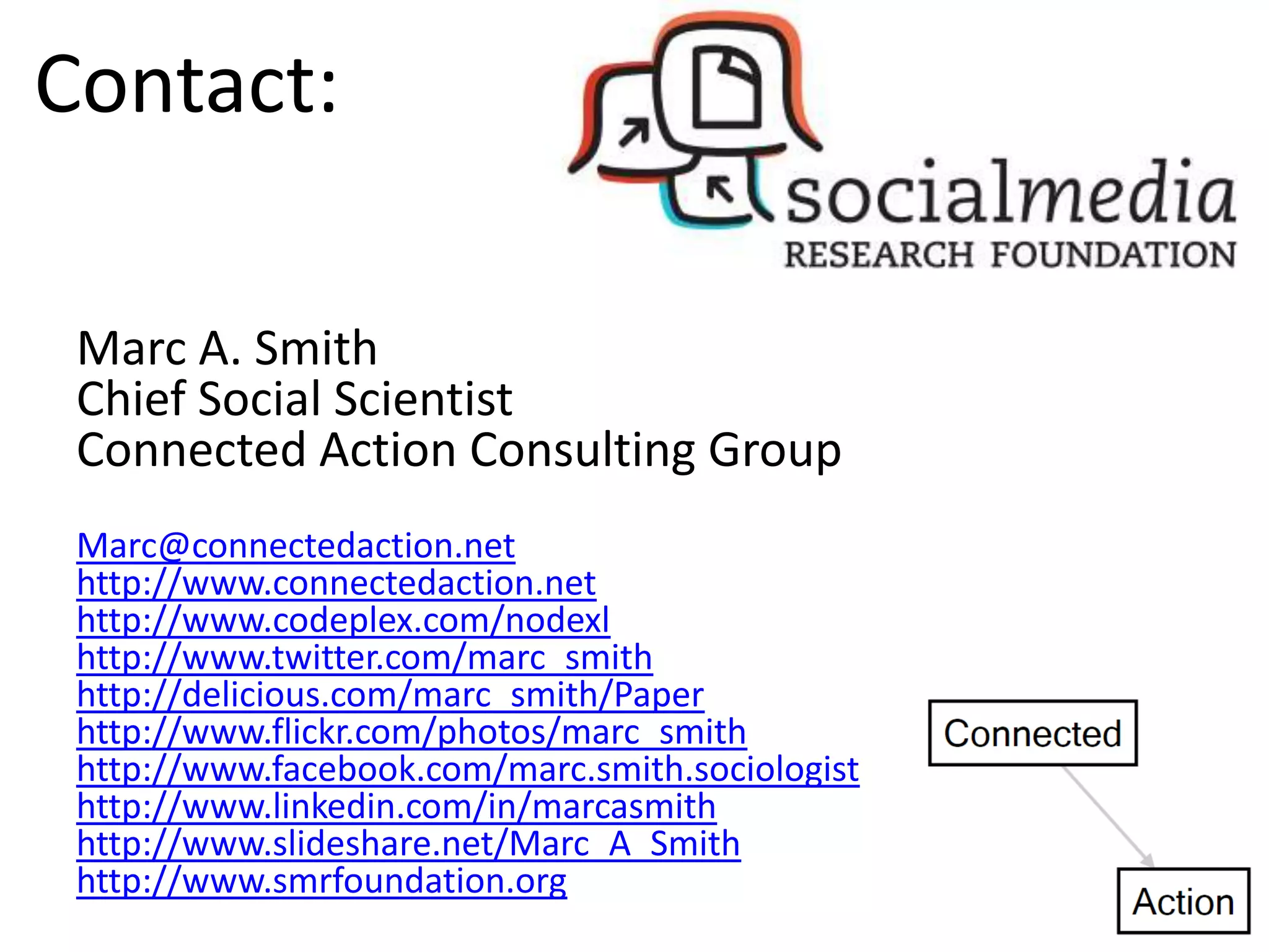 Contact:

 Marc A. Smith
 Chief Social Scientist
 Connected Action Consulting Group
 Marc@connectedaction.net
 http://www.connectedaction.net
 http://www.codeplex.com/nodexl
 http://www.twitter.com/marc_smith
 http://delicious.com/marc_smith/Paper
 http://www.flickr.com/photos/marc_smith
 http://www.facebook.com/marc.smith.sociologist
 http://www.linkedin.com/in/marcasmith
 http://www.slideshare.net/Marc_A_Smith
 http://www.smrfoundation.org
 