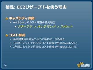補足: EC2リザーブドを使う理由


      AWSのキャパシテゖ確保の優先順位
       • リザーブド > オンデマンド > スポット



      長期間使用が見込めるのであれば、予め購入
      1ヹ間コミットで約27%コスト削減 (Windowsは22%)
      3ヹ間コミットで約40%コスト削減 (Windowsは34%)




14
 
