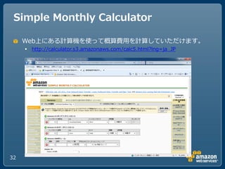 Simple Monthly Calculator

     Web上にある計算機を使って概算費用を計算していただけます。
      http://calculator.s3.amazonaws.com/calc5.html?lng=ja_JP




32
 