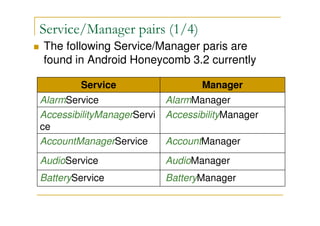 Service/Manager pairs (1/4)
The following Service/Manager paris are
found in Android Honeycomb 3.2 currently
Service

Manager

AlarmService
AccessibilityManagerServi
ce
AccountManagerService

AlarmManager
AccessibilityManager

AudioService

AudioManager

BatteryService

BatteryManager

AccountManager

 
