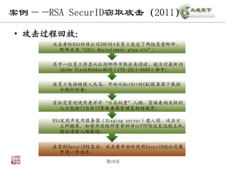 案例——RSA SecurID窃取攻击（2011）

• 攻击过程回放：
      攻击者给RSA的母公司EMC的4名员工发送了两组恶意邮件，
       附件名为“2011 Recruitment plan.xls”；

      其中一位员工将其从垃圾邮件中取出来阅读，被当时最新的
       Adobe Flash的0day漏洞（CVE-2011-0609）命中；

      该员工电脑被植入木马，开始从BotNet的C&C服务器下载指
       令执行任务；

      首批受害的使用者并非“位高权重”人物，紧接着相关联的
       人士包括IT与非IT等服务器管理员相继被黑；

      RSA发现开发用服务器（Staging server）遭入侵，攻击方
         立即撤离，加密并压缩所有资料并以FTP传送至远程主机，
         随后清除入侵痕迹；


      在拿到SecurID信息后，攻击者开始对使用SecurID的公司展
       开进一步攻击。
                     第10页
 