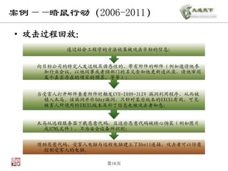 案例——暗鼠行动（2006-2011）

• 攻击过程回放：
          通过社会工程学的方法收集被攻击目标的信息；


   向目标公司的特定人发送极具诱惑性的、带有附件的邮件（例如邀请他参
    加行业会议，以他同事或者HR部门的名义告知他更新通讯录，请他审阅
    某个真实存在的项目的预算，等等）；


   当受害人打开邮件查看附件时触发CVE-2009-3129 漏洞利用程序，从而被
    植入木马。该漏洞并非0day漏洞，只针对某些版本的EXCEL有效，可见
    被害人所使用的EXCEL版本及补丁信息也被攻击者知悉；


   木马从远程服务器下载恶意代码，且这些恶意代码被精心伪装（例如图片
    或HTML文件），不为安全设备所识别；


   借助恶意代码，受害人电脑与远程电脑建立了Shell连接，攻击者可以任意
    控制受害人的电脑。

                   第16页
 