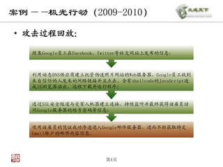 案例——极光行动（2009-2010）

• 攻击过程回放：

   搜集Google员工在Facebook、Twitter等社交网站上发布的信息；



   利用动态DNS供应商建立托管伪造照片网站的Web服务器，Google员工收到
   来自信任的人发来的网络链接并且点击，含有shellcode的JavaScript造
   成IE浏览器溢出，远程下载并运行程序；


   通过SSL安全隧道与受害人机器建立连接，持续监听并最终获得该雇员访
   问Google服务器的帐号密码等信息；


   使用该雇员的凭证成功渗透进入Google邮件服务器，进而不断获取特定
   Gmail账户的邮件内容信息。




                       第4页
 