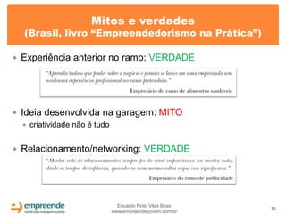 Mitos e verdades
  (Brasil, livro “Empreendedorismo na Prática”)

 Experiência anterior no ramo: VERDADE




 Ideia desenvolvida na garagem: MITO
    criatividade não é tudo


 Relacionamento/networking: VERDADE




                       Eduardo Pinto Vilas Boas
                                                  16
                     www.empreenderjovem.com.br
 