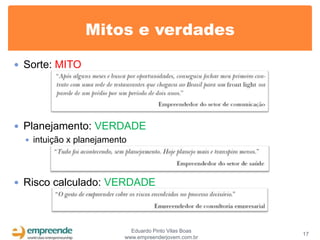 Mitos e verdades

 Sorte: MITO




 Planejamento: VERDADE
   intuição x planejamento




 Risco calculado: VERDADE




                        Eduardo Pinto Vilas Boas
                                                   17
                      www.empreenderjovem.com.br
 