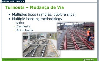 Power Rail Track V8i


   Turnouts – Mudança de Via
         • Múltiplos tipos (simples, duplo e slips)
         • Multiple bending methodology
                 – Suíça
                 – Alemanha
                 – Reino Unido




 civil.galeano@gmail.com
 