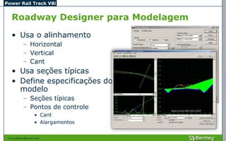 Power Rail Track V8i


   Roadway Designer para Modelagem
   • Usa o alinhamento
            – Horizontal
            – Vertical
            – Cant
   • Usa seções típicas
   • Define especificações do
     modelo
            – Seções típicas
            – Pontos de controle
                    • Cant
                    • Alargamentos


 civil.galeano@gmail.com
 