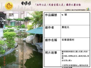 4  號 作品編號 擁有像森林般的公園 / 宏普 / 有如渡 假村般 / 悠閒地走在 / 森林步道 / 深感 走在深山裡 / 小孩們在如渡假勝地 ,/ 愉快地玩起 大自然的遊戲 照片故事 宏普渡假村  創作名稱 黃祖元  創作者 