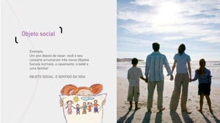 Objeto social

   Exemplo:
   Um ano depois de casar, você e seu
   consorte arrumaram três novos Objetos
   Sociais incríveis: o casamento, o bebê e
   uma família!

   OBJETO SOCIAL: O SENTIDO DA VIDA
 