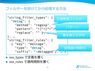 フィルターを掛けてから処理理する⽅方法

  “string_filter_types”: { 正規表現フィルター
    “detag”: {
       “method”: “regexp”,
                                  パターン
       “pattern”: “<[^>]*>”,
       “replace”: “” }, …
  }, …                          置き換え⽂文字列列
  “string_filter_rules”: [
    { “key”: “message”,
       “type”: “detag”,          変換後の格納先
       “suffix”: “-detagged”}, … ]
l    xxx_types で定義を書く
l    xxx_rules で適⽤用規則を書く
                       33	
 