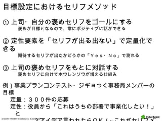 目標設定におけるセリフメソッド ① 上司・自分の褒めセリフをゴールにする 褒めが目標となるので、常にポジティブに話ができる ② 定性要素を「セリフが出る出ない」で定量化できる 期待するセリフが出たかどうかの「Ｙｅｓ・Ｎｏ」で測れる ③ 上司の褒めセリフをもとに対話する 褒めセリフに向けてホウレンソウが増える仕組み 例）事業プランコンテスト・ジギョつく事務局メンバーの目標 定量：３００件の応募 定性：役員から「これはうちの部署で事業化したい！」と 　　　　３アイデア言われたらＯＫ（←これがセリフメソッド） 