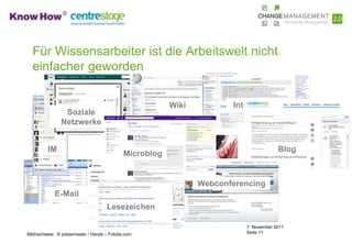 Für Wissensarbeiter ist die Arbeitswelt nicht
  einfacher geworden

                                                         Wiki          Intranet
                Soziale
               Netzwerke


         IM                                                                            Blog
                                             Microblog


                                                                Webconferencing
             E-Mail
                                     Lesezeichen

                                                                          7. November 2011
Bildnachweis: © pressmaster / Hands – Fotolia.com                         Seite 11
 