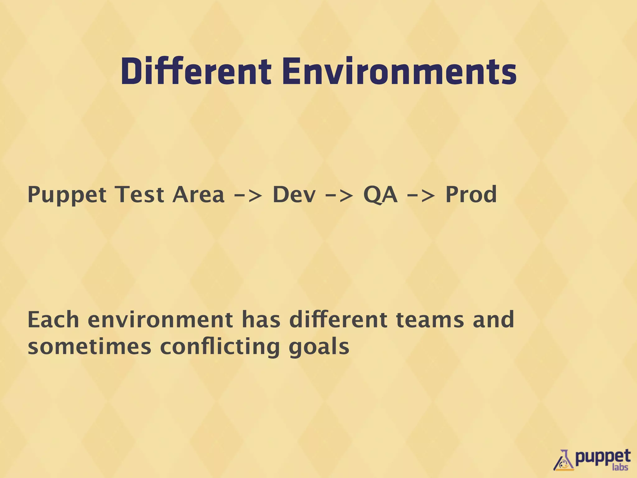 Diﬀerent Environments

Puppet Test Area -> Dev -> QA -> Prod




Each environment has different teams and
sometimes conﬂicting goals
 