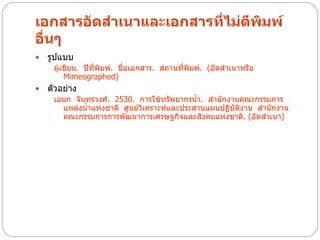 เอกสารอัดสาเนาและเอกสารที่ไม่ตีพิมพ์
อื่นๆ
   รูปแบบ
     ผู้เขียน. ปีที่พิมพ์. ชื่อเอกสาร. สถานที่พิมพ์. (อัดสาเนาหรือ
         Mimeographed)
   ตัวอย่าง
     เอนก จันทรวงศ์. 2530. การใช้ทรัพยากรน้า. สานักงานคณะกรรมการ
       แหล่งน้าแห่งชาติ ศูนย์วิเคราะห์และประสานแผนปฏิบัติงาน สานักงาน
       คณะกรรมการการพัฒนาการเศรษฐกิจและสังคมแห่งชาติ. (อัดสาเนา)
 