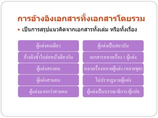 การอ้างอิงเอกสารทั้งเอกสารโดยรวม
 เป็นการสรุปแนวคิดจากเอกสารทั้งเล่ม หรือทั้งเรื่อง


        ผู้แต่งคนเดียว                 ผู้แต่งเป็นสถาบัน
  อ้างอิงซ้าในย่อหน้าเดียวกัน      เอกสารหลายเรื่อง 1 ผู้แต่ง
         ผู้แต่งสองคน           หลายเรื่องหลายผู้แต่ง (หลายชุด)
         ผู้แต่งสามคน                ไม่ปรากฏนามผู้แต่ง
     ผู้แต่งมากกว่าสามคน         ผู้แต่งเป็นบรรณาธิการ/ผู้แปล
 