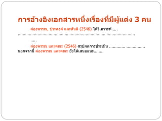 การอ้างอิงเอกสารหนึ่งเรื่องที่มีผแต่ง 3 คน
                                 ู้
          ผ่องพรรณ, ประสงค์ และสันติ (2546) ได้วิเคราะห์.....
...............................................................................................
          .....
     ผ่องพรรณ และคณะ (2546) สรุปผลการประเมิน ............. ...............
นอกจากนี้ ผ่องพรรณ และคณะ ยังได้เสนอแนะ........
 