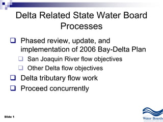 Slide 1
Delta Related State Water Board
Processes
 Phased review, update, and
implementation of 2006 Bay-Delta Plan
 San Joaquin River flow objectives
 Other Delta flow objectives
 Delta tributary flow work
 Proceed concurrently
 