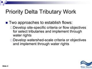 Slide 4
Priority Delta Tributary Work
 Two approaches to establish flows:
Develop site-specific criteria or flow objectives
for select tributaries and implement through
water rights
Develop watershed-scale criteria or objectives
and implement through water rights
 