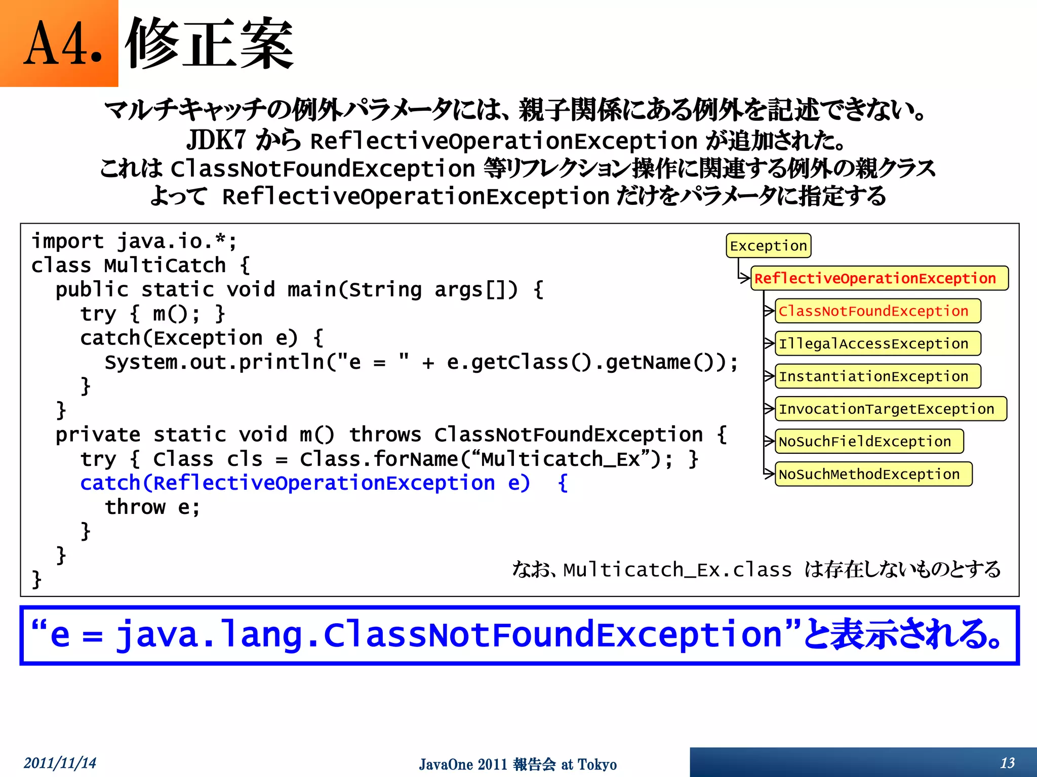 A4. 修正案
             マルチキャッチの例外パラメータには、親子関係にある例外を記述できない。
                JDK7 から ReflectiveOperationException が追加された。
             これは ClassNotFoundException 等リフレクション操作に関連する例外の親クラス
               よって ReflectiveOperationException だけをパラメータに指定する
 import java.io.*;                                         Exception
 class MultiCatch {
                                                              ReflectiveOperationException
   public static void main(String args[]) {
     try { m(); }                                                ClassNotFoundException
     catch(Exception e) {                                        IllegalAccessException
       System.out.println("e = " + e.getClass().getName());
                                                                 InstantiationException
     }
   }                                                             InvocationTargetException
   private static void m() throws ClassNotFoundException {       NoSuchFieldException
     try { Class cls = Class.forName(“Multicatch_Ex”); }
                                                                 NoSuchMethodException
     catch(ReflectiveOperationException e) {
       throw e;
     }
   }
 }                                       なお、Multicatch_Ex.class は存在しないものとする


“e = java.lang.ClassNotFoundException”と表示される。


2011/11/14                          JavaOne 2011 報告会 at Tokyo                            13
 