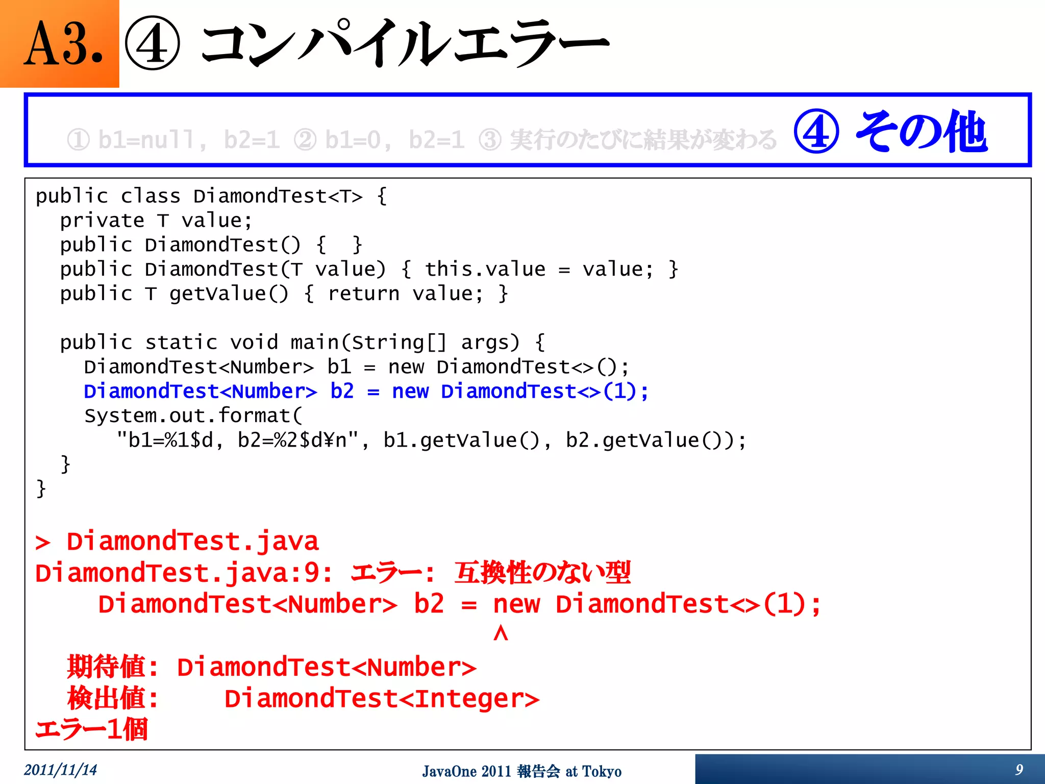 A3. ④ コンパイルエラー
      ① b1=null, b2=1 ② b1=0, b2=1 ③ 実行のたびに結果が変わる                ④ その他
 public class DiamondTest<T> {
   private T value;
   public DiamondTest() { }
   public DiamondTest(T value) { this.value = value; }
   public T getValue() { return value; }

     public static void main(String[] args) {
       DiamondTest<Number> b1 = new DiamondTest<>();
       DiamondTest<Number> b2 = new DiamondTest<>(1);
       System.out.format(
          "b1=%1$d, b2=%2$d¥n", b1.getValue(), b2.getValue());
     }
 }

 > DiamondTest.java
 DiamondTest.java:9: エラー: 互換性のない型
     DiamondTest<Number> b2 = new DiamondTest<>(1);
                              ^
   期待値: DiamondTest<Number>
   検出値:      DiamondTest<Integer>
 エラー1個
2011/11/14                         JavaOne 2011 報告会 at Tokyo             9
 