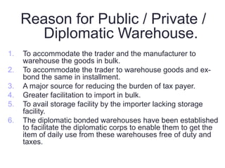 Reason for Public / Private /
Diplomatic Warehouse.
1. To accommodate the trader and the manufacturer to
warehouse the goods in bulk.
2. To accommodate the trader to warehouse goods and ex-
bond the same in installment.
3. A major source for reducing the burden of tax payer.
4. Greater facilitation to import in bulk.
5. To avail storage facility by the importer lacking storage
facility.
6. The diplomatic bonded warehouses have been established
to facilitate the diplomatic corps to enable them to get the
item of daily use from these warehouses free of duty and
taxes.
 