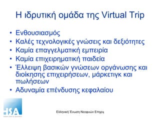 Η ιδρυτική ομάδα της  Virtual Trip Ενθουσιασμός Καλές τεχνολογικές γνώσεις και δεξιότητες Καμία επαγγελματική εμπειρία Καμία επιχειρηματική παιδεία Έλλειψη βασικών γνώσεων οργάνωσης και διοίκησης επιχειρήσεων, μάρκετιγκ και πωλήσεων Αδυναμία επένδυσης κεφαλαίου 