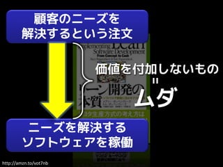 顧客のニーズを
        解決するという注文

                        価値を付加しないもの

                           ムダ
         ニーズを解決する
        ソフトウェアを稼働
http://amzn.to/vot7nb
 