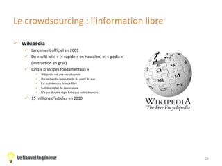 Le crowdsourcing : l’information libre <ul><li>Wikipédia </li></ul><ul><ul><li>Lancement officiel en 2001 </li></ul></ul><...