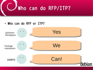 Who can do RFP/ITP?
Who can do RFP or ITP?
users
Package
maintainers
Upstream
Developers
YesYes
WeWe
Can!Can!
 
