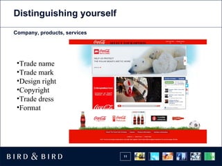 Distinguishing yourself
Company, products, services




 •Trade name
 •Trade mark
 •Design right
 •Copyright
 •Trade dress
 •Format




                              11
 
