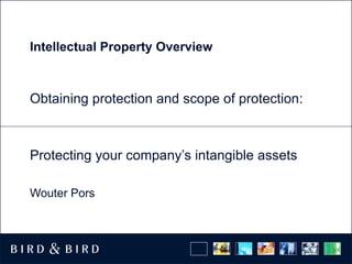 Intellectual Property Overview



Obtaining protection and scope of protection:



Protecting your company’s intangible assets

Wouter Pors
 