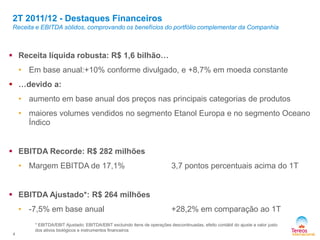  Receita líquida robusta: R$ 1,6 bilhão…
• Em base anual:+10% conforme divulgado, e +8,7% em moeda constante
 …devido a:
• aumento em base anual dos preços nas principais categorias de produtos
• maiores volumes vendidos no segmento Etanol Europa e no segmento Oceano
Índico
 EBITDA Recorde: R$ 282 milhões
• Margem EBITDA de 17,1% 3,7 pontos percentuais acima do 1T
 EBITDA Ajustado*: R$ 264 milhões
• -7,5% em base anual +28,2% em comparação ao 1T
2T 2011/12 - Destaques Financeiros
Receita e EBITDA sólidos, comprovando os benefícios do portfólio complementar da Companhia
4
* EBITDA/EBIT Ajustado: EBITDA/EBIT excluindo itens de operações descontinuadas, efeito contábil do ajuste a valor justo
dos ativos biológicos e instrumentos financeiros
 