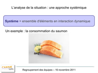 L’analyse de la situation : une approche systémique Système   = ensemble d'éléments en interaction dynamique Regroupement des équipes – 16 novembre 2011 Un exemple : la consommation du saumon 
