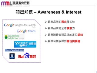 知己知彼 – Awareness & Interest

             觀察品牌的需求優劣勢

             觀察品牌的全球擴散力

             觀察消費者對品牌的定位認知

             觀察目標族群的屬性與興趣




                              9
 