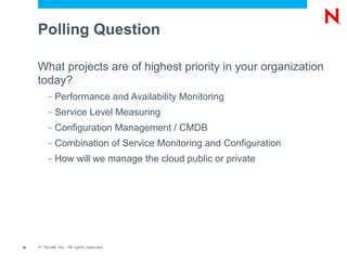 Polling Question

     What projects are of highest priority in your organization
     today?
          –   Performance and Availability Monitoring
          –   Service Level Measuring
          –   Configuration Management / CMDB
          –   Combination of Service Monitoring and Configuration
          –   How will we manage the cloud public or private




18   © Novell, Inc. All rights reserved.
 