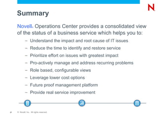 Summary
     Novell Operations Center provides a consolidated view
                     ®


     of the status of a business service which helps you to:
              – Understand the impact and root cause of IT issues
              – Reduce the time to identify and restore service
              – Prioritize effort on issues with greatest impact
              – Pro-actively manage and address recurring problems
              – Role based, configurable views
              – Leverage lower cost options
              – Future proof management platform
              – Provide real service improvement



27   © Novell, Inc. All rights reserved.
 