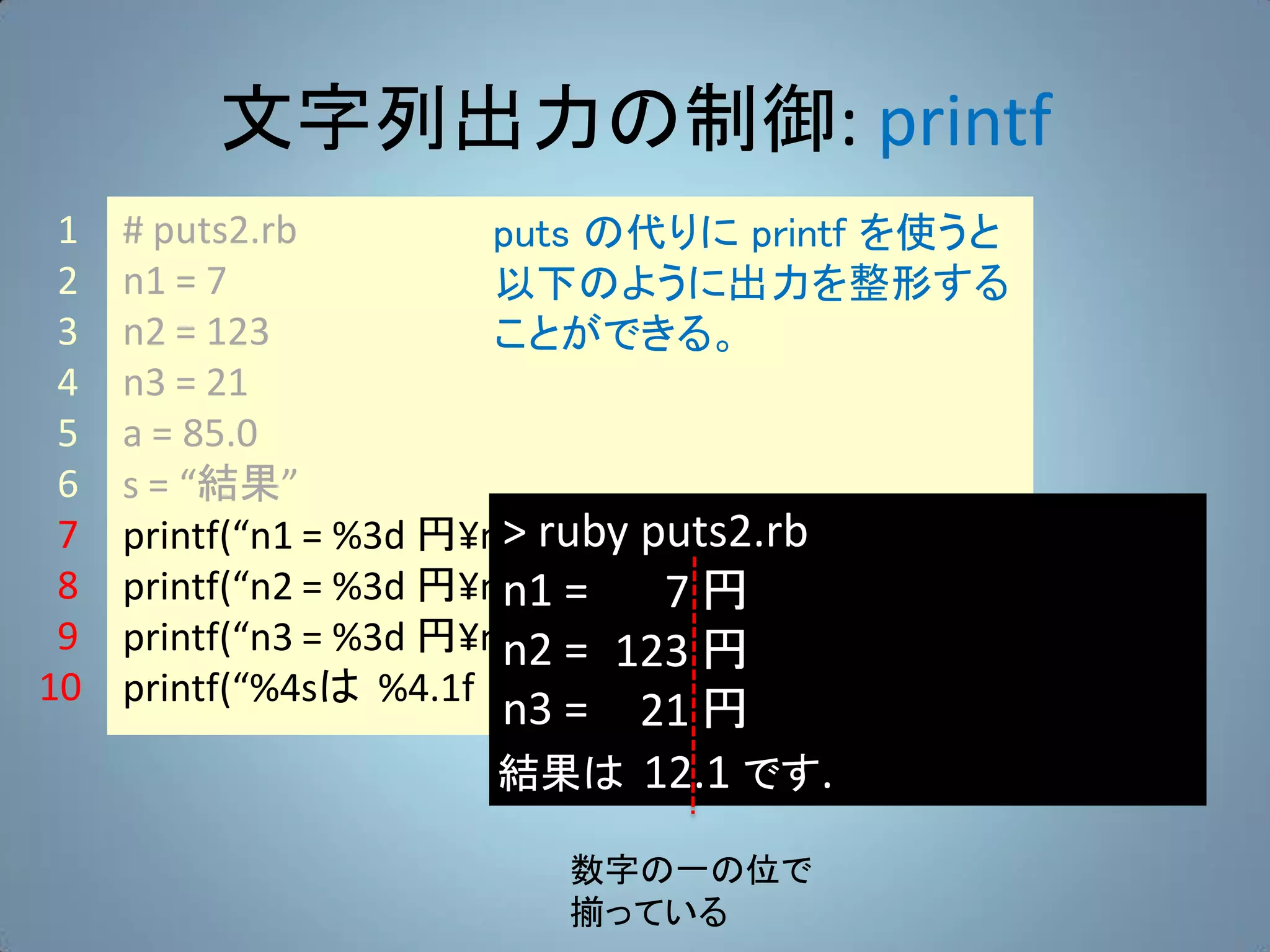 文字列出力の制御: printf
 1   # puts2.rb          puts の代りに printf を使うと
 2   n1 = 7              以下のように出力を整形する
 3   n2 = 123            ことができる。
 4   n3 = 21
 5   a = 85.0
 6   s = “結果”
 7   printf(“n1 = %3d 円¥n”, ruby puts2.rb
                         > n1)
 8   printf(“n2 = %3d 円¥n”, n2) 7 円
                         n1 =
 9   printf(“n3 = %3d 円¥n”, n3) 123 円
                         n2 =
10   printf(“%4sは %4.1f です. “, s, a/n1)
                      n3 =21 円
                      結果は 12.1 です.

                         数字の一の位で
                         揃っている
 